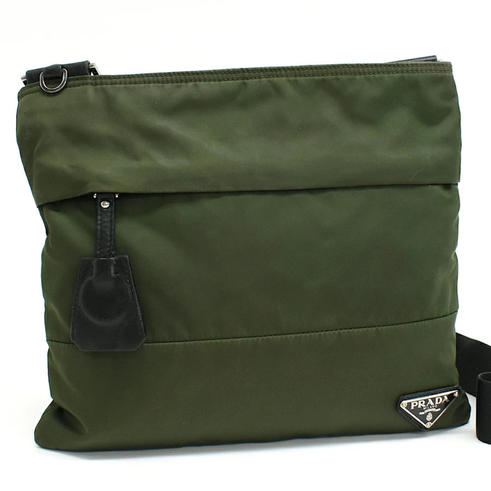 Prada Crossbody Flat Shoulder Bag Khaki Green Triangle Plate